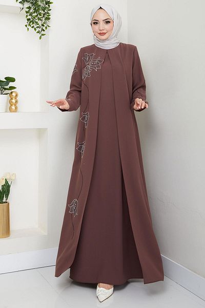 hafsamina Plus Size Tulip Stone Mother Dress Brown Hm2692