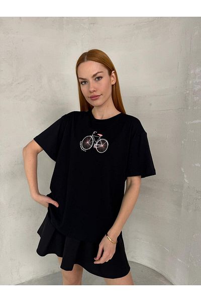 Cappmoda T-902 Tricou negru din bumbac brodat pentru biciclete