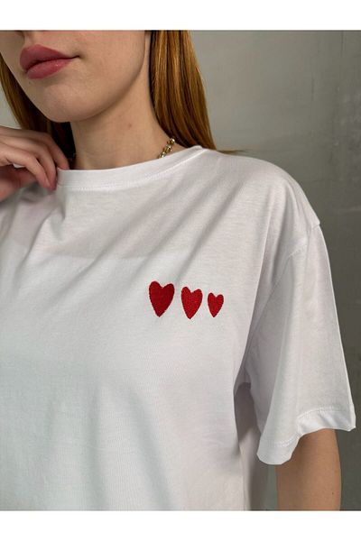 Cappmoda T-911 Λευκό Κόκκινο Καρδιά Κεντημένο Κοντομάνικο Βαμβακερό T-shirt