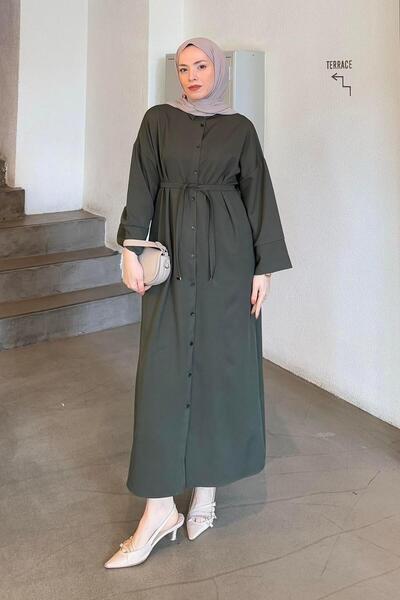 lamelif Dumbbell Hijab Dress Khaki with Fake Cuff Detail