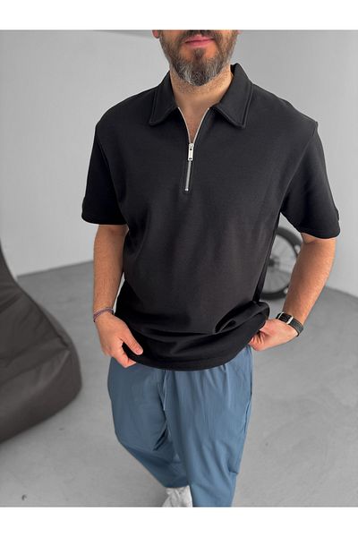BYBASICMAN Black Collar Zippered Oversize T-Shirt Ke-7010