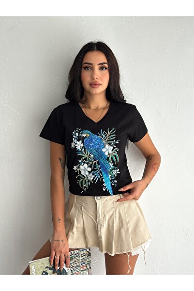 Esra Butik Hane Kadın Siyah V Yaka Papağan Ve Pul Payet İşlemeli %100 Pamuk T...