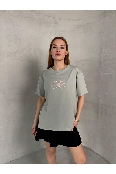 Cappmoda T-902 Painting Gray Bicycle Embroidered Cotton Loose T-Shirt