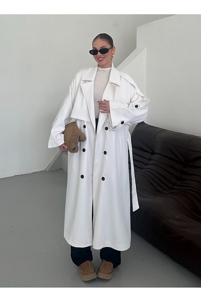 Laluvia Weißer übergroßer Trenchcoat mit Glücksknopf-Detail – 9476