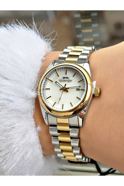 Slazenger Special Design Calendar Gold-Silver Color Steel Band Women Wrist Wa...