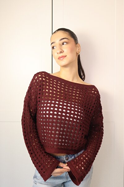 Genel Markalar TRİKO FİLELİ DELİKLİ BORDO KAZAK