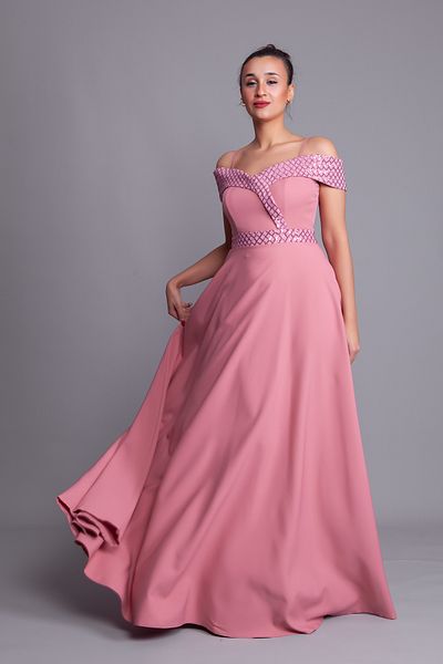 Bidoluelbise Βραδινό φόρεμα με λουράκι Dusty Rose με καρό παγιέτες με λεπτομέρεια Maxi μήκους