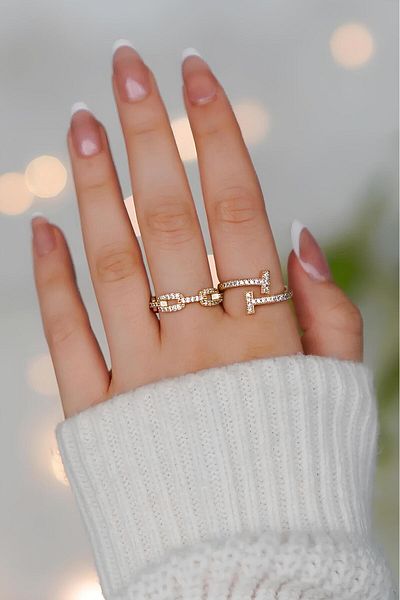 The Collection Set of 2 Zircon Stone Chain and t Model Gold Adjustable Women's Ring Set (2 Rings)