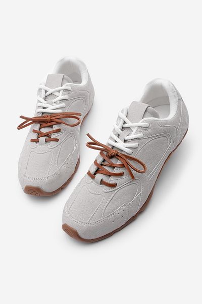 Marjin Pantofi de damă din piele intoarsa gri - Pantofi sport cu siret dublu, Povin