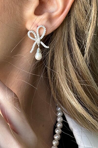 Birinci 925 Ayar Gümüş Zirkon Taşlı Fiyonklu Doğal Damla İnci Kadın Küpe