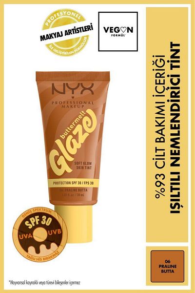 NYX Professional Makeup Buttermelt Glaze Soft Glow Skin Tint + SPF/FPS 30,12h Wear, Praline Butta
