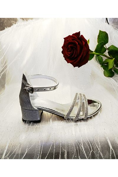patik ayakkabı Girl's Silver Square Heeled Evening Dress Shoes