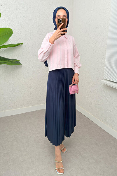 Salih Çelebi Nervürlü Taşlı Kısa Gömlek 2263 - PEMBE