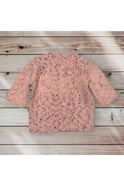 Pafuli El Örgüsü Saç Örgüsü Detaylı Bebek/Çocuk Hırkası Pembe/Mor Benekli Yav...