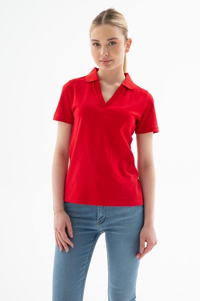 Fashion Friends Polo V-Neck Stretchy Cotton T-Shirt Red