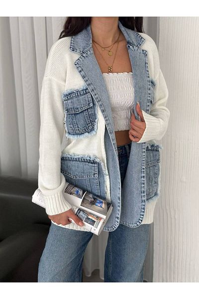 Noa Noa Denim Detailed Four Pocket Knitwear Cardigan