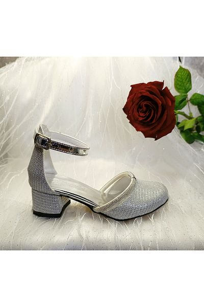 patik ayakkabı Girl's Silver Broken Glass Square Heeled Evening Dress Shoes
