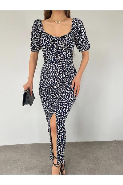 Irmak Kerekli Rochie pentru femei, albastru bleumarin, cu mâneci pepene verde și cu fantă crocantă 10469