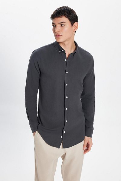 Tudors Мъжка риза Slim Fit Slim Cut от 100% памук и лен, с яка и копчета, опушена