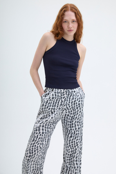 Quzu Navy Blue Halter Neck Corded Tank Top