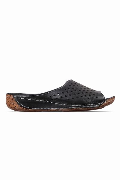 Lal Shoes & Bags Medon Women's Genuine Leather Slippers with Hole Detail-Black