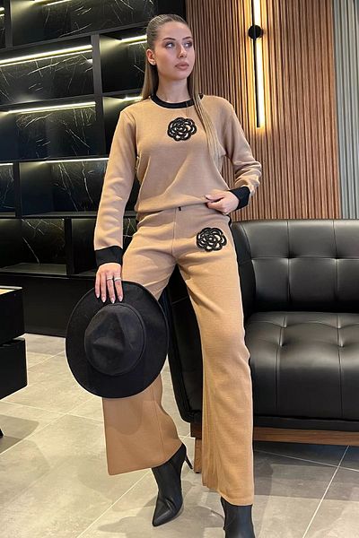 aynewmoda Set 2 piese pentru femei, pulover și pantaloni din tricot cu pietre brodate