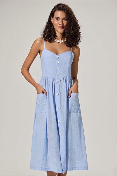 White By Nature Coco Blue Strappy Dress - Buttoned Design