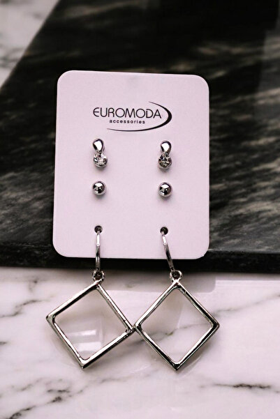 EUROMODA Silver Color Coated 3-Piece Earring Set with Quadrilateral Design Ball Earrings