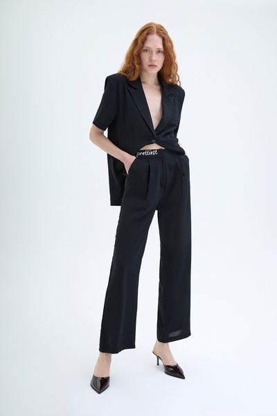 Quzu Waist Printed Wide Leg Trousers Black