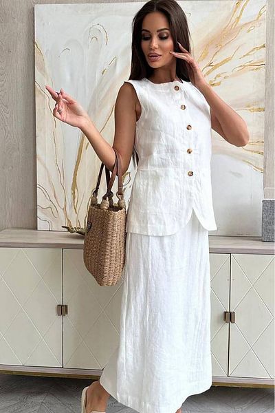 Neşeli Butik طقم تنورة كتان للسيدات مكون من قطعتين علوي وسفلي NBEMP1072