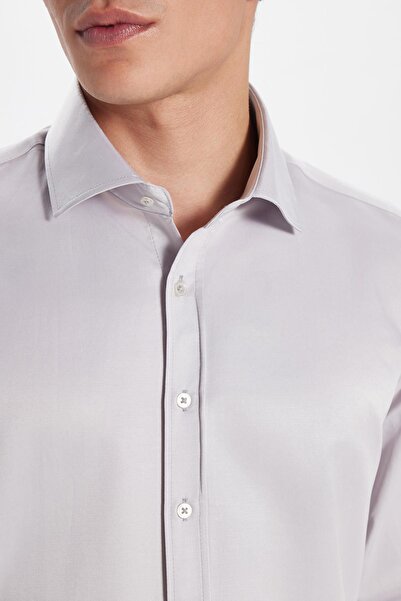 Tudors Erkek Modern Slim Fit Düz Saten Pamuklu Bej Gömlek