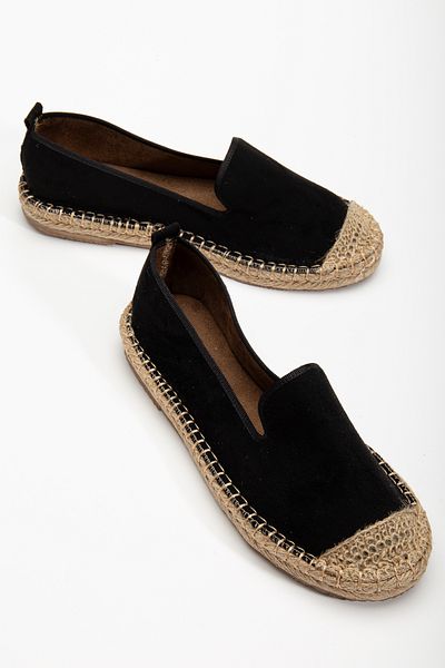 DENORA Black Matte Suede Thick Sole Flat Espadrille Straw Sole Shoes