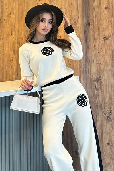 aynewmoda Set 2 piese pentru femei, pulover și pantaloni din tricot cu pietre brodate