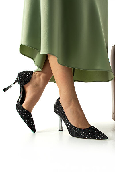 Güllü Shoes Стилни черни дънкови обувки на тънък ток с перлени детайли, метал...