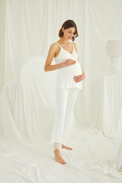 MONAMİSE Women's Ecru Strappy Lace Maternity Dressing Gown 3 Piece Set