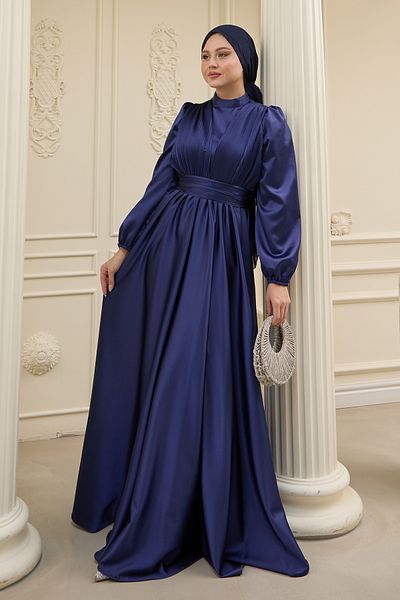 InStyle Φόρεμα με σταυρωτό σχέδιο πλισέ Saks μπλε σατέν