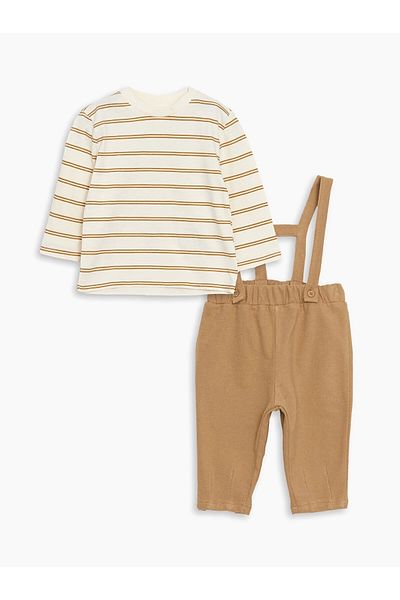 LC Waikiki Lcw Baby Brown Crew Neck Striped Baby Boy T-Shirt and Sling Pants 2-Piece