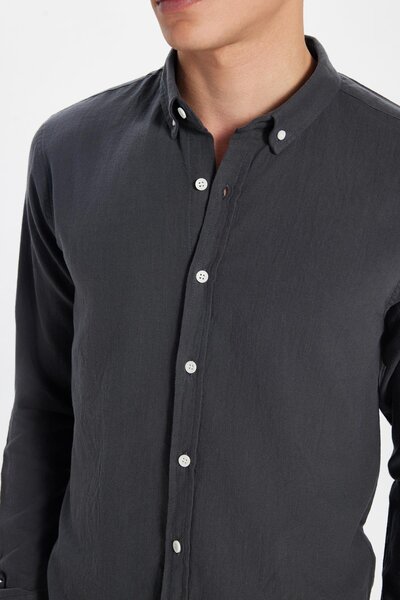 Tudors Men's Slim Fit Slim Fit 100% Cotton Linen Texture Button Collar Smoked Shirt