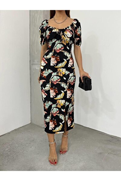 Irmak Kerekli فستان نسائي بفتحة ملونة بطبعة أوراق شجر سوداء 12323
