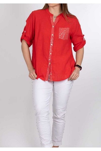 Butik Şans Sequin Sequin Detailed Three Quarter Sleeve Italian Linen Shirt