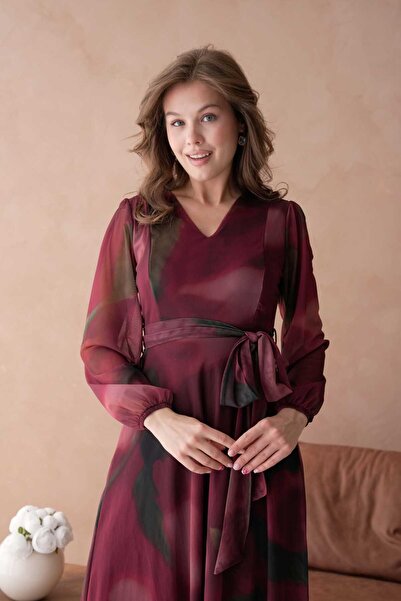 CİXAPLE Baskılı V Yaka Maxi Boy Elbise