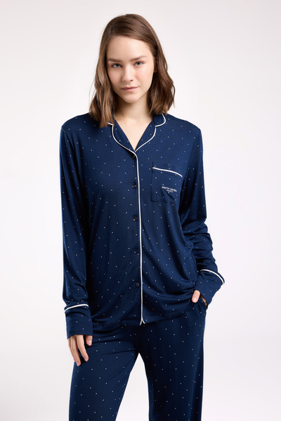 Pierre Cardin Viskon Kumaş, Önden Düğmeli, Uzun Kollu, Gömlek Yaka, Cepli, Kadın Pijama Takımı Lacivert