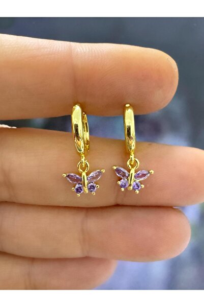 Arescollection MOR ZİRKON TAŞLI RODYUM KAPLAMA KARARMAZ 1 ÇİFT KELEBEKLİ KÜPE