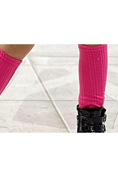 TRENDİMİZBİR Σετ ρούχων με μακρυμάνικο πλεκτό για κορίτσια - Φούξια συνδυασμός με ζώνη και κάλτσες πάνω από το γόνατο