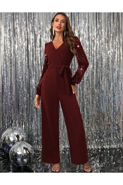 Styling Park Kolları Payet Detaylı Uzun Kol Kuşaklı Abiye Tulum