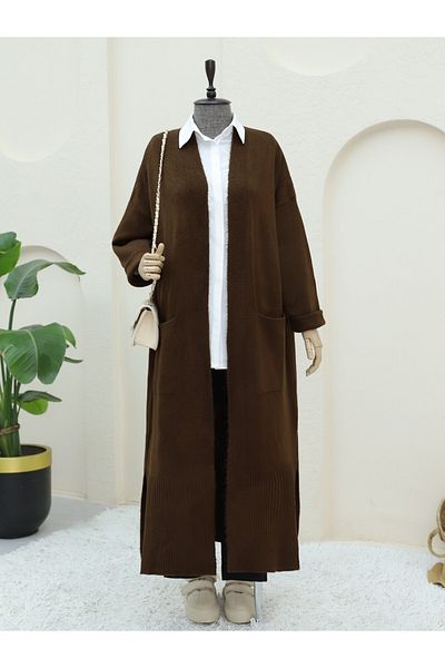 Modamorfo Long Knitted Cardigan with Knitted Hem and Double Pockets - Brown