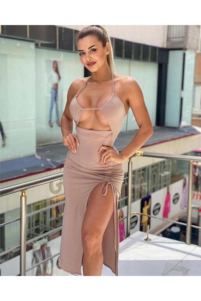 pink and pink Rochie midi din țesătură nisipoasă, cu fantă adâncă, decoltată