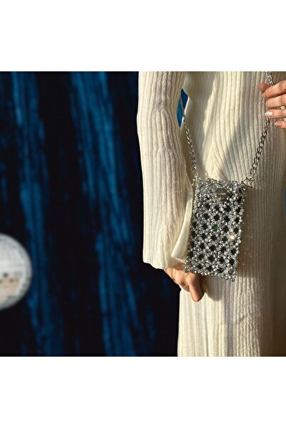 Las Perlas Gri Gümüş Renk Kristal Boncuk Tasarım Telefonluk Çapraz Askılı Cüzdan Telefon Çantası