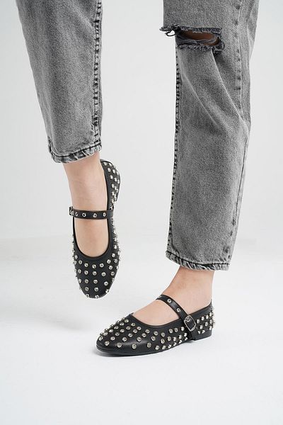 Beyond Black Disco Stoned Women's Leather Ballerinas - 1cm BYNDDSC01