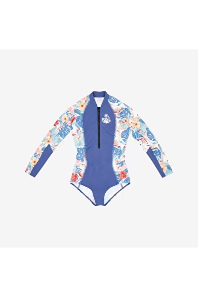 Decathlon Çocuk Uzun Kollu Yüzücü Mayosu - Mavi - Çiçekli - 500 LUCY